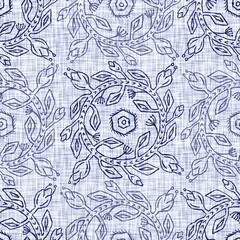 Indigo blue leaf block print dyed linen texture background. Seamless woven japanese repeat batik pattern swatch. Floral leaves organic distressed blur block print. Decorative cloth all over textile.