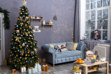 Luxury living room interior decorated with Christmas tree