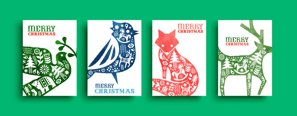 Merry Christmas watercolor folk animal card set