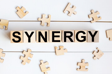 synergy, TEXT ON wood cubes on a white background with wood puzzles