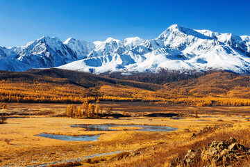 Russia, Altai republic, Yeshtykel tract, snowy mountain peaks of north chui ridge