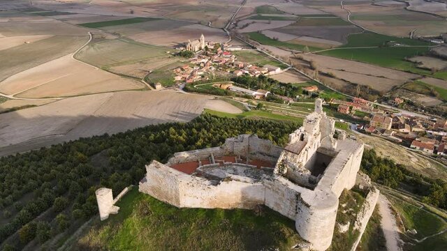 Aerial view of the ruins of an ancient castle, in Castrojeriz, Burgos, Spain. High quality 4k footage