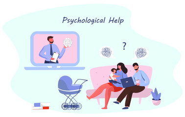 Psychotherapist Counseling Online for Family.Psychologist Doctor Helps Patients to Unravel Tangled Thoughts and Family Problems.Patients Having Emotional Problems,Mental disorder.Vector Illustration