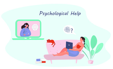 Online Psychological Help.Psychologist Doctor Helps Patient to Unravel Tangled Thoughts.Psychotherapist  Online.Patient Having Individual Psychological Therapy Session.Flat Vector Illustration