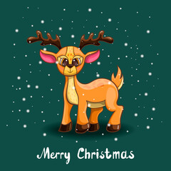 Christmas greeting card with deer and snow