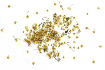 Ready for tea. Dried chamomile isolated on white background. Dried chamomile flowers to make tea.