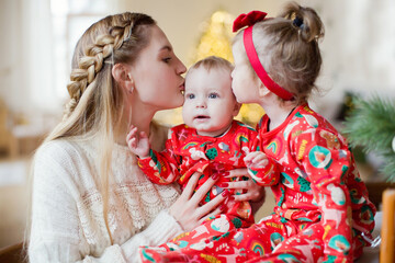 Mother, daughter and son on Christmas