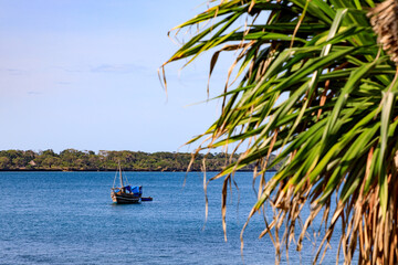 Wasini Island, eine Insel im Indischen Ozean. Blick auf eine Dhau und auf das Festland.