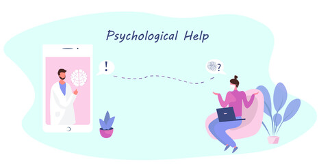 Psychological Help Online.Psychologist Doctor Helps Patients to Unravel Tangled Thoughts and.Psychotherapist Counseling Online.Patient Female Having Emotional Problems,Mental.Flat Vector Illustration