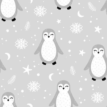 Cute penguin seamless pattern with abstract elements and dots around. Nursery hand drawn vector illustration in Scandinavian style.