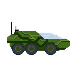 Fantastic car. Military equipment of the future. Green transport on wheels. Flat cartoon illustration