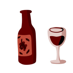 Bottle of wine and shot glass. Grape red alcohol. Addiction and drink. Doodle cartoon illustration