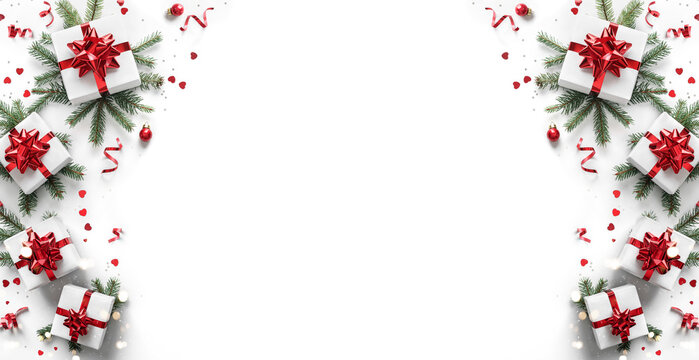 Merry Christmas card made of fir branches, gift boxes, red decoration, sparkles and confetti on white background. Xmas and New Year holiday, bokeh, light. Flat lay, top view