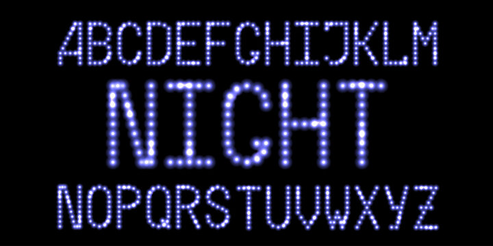 LED  font with  blue neon glowing light effect. Luminous dotted letters, digital alphabet with shine flare. Christmas night design. Vector illustration