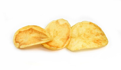 Salty Potato chips isolated on white background.