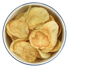 Salty Potato chips in a bowl isolated on white background.