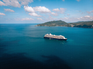 Large Cruise ship sailing across The Andaman sea - Aerial image. Beautiful  sea landscape