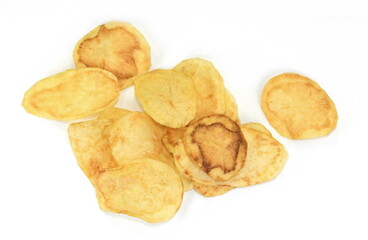 Salty Potato chips isolated on white background.