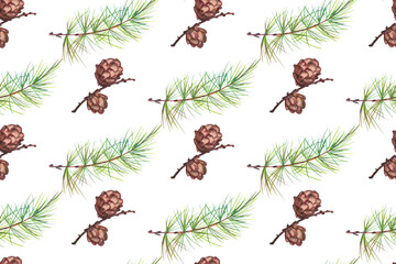 winter seamless print with larch cones and branches with needles on a white background for surface design and packaging for christmas celebration