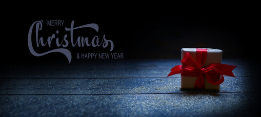 Merry Christmas and Happy New Year -   Greeting Card - Christmas gift box with red ribbon - Banner, Panorama