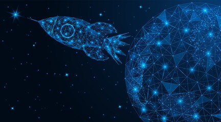 Launch of a research spacecraft into space. Polygonal construction of concatenated lines and points. Blue background.