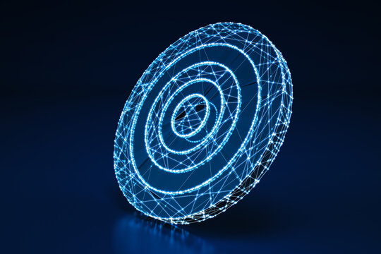 Concept Of An Illuminated Wireframe Digital Bullseye On Dark Blue Background. 3D Rendering