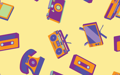 Texture seamless pattern from old vintage retro hipster stylish electronics appliances to home appliances 70s, 80s, 90s. The background. illustration. Disco poster