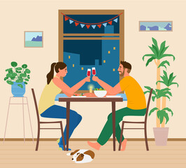Fototapeta na wymiar Couple Having Romantic Dinner At Home. Man And Woman Sitting At Table With Snacks Rasing Glass Of Wine Near Window With Night City. Vector Illustration.