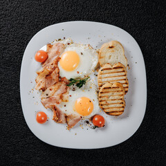 food, breakfast, egg, fried, plate, meal, eggs, bacon, meat, white, dish, dinner, tomato, lunch,...