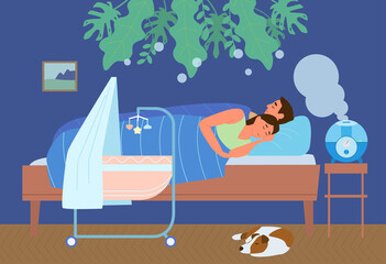 Obraz na płótnie Canvas Ultrasonic Air Humidifier Working In Bedroom With Family Sleeping . Couple In Bed Near Cradle, Dog Sleeping. Vector Illustration.