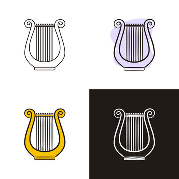 Ancient lyre icons set isolated on white background. Hand-drawn contour harp icon in doodle style, flat and chalk on a black board. Vector illustration for history, culture, antiquity, music.