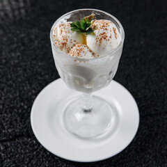 dessert, cream, chocolate, food, glass, coffee, sweet, drink, ice, white, milk, beverage, cold, mousse, isolated, cappuccino, cup, fruit, pudding, fresh, brown, breakfast, latte, whipped cream, delici