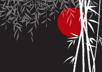 Sumi-e, u-sin or go-hua oriental art stylization of ink painting. Vector background with red moon, bamboo stems and leaves and willow branches. White and black painting of the night time of passion. - 395631963