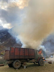 Fototapeta na wymiar Nagorno-Karabakh: Ethnic Armenians set fire to their homes rather than hand them to Azerbaijan