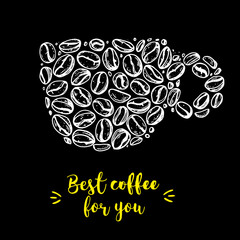 Coffee beans concept illustration. Coffee beans in cup. Hand drawn sketch. Black and white vector illustration. Concept for coffee design.