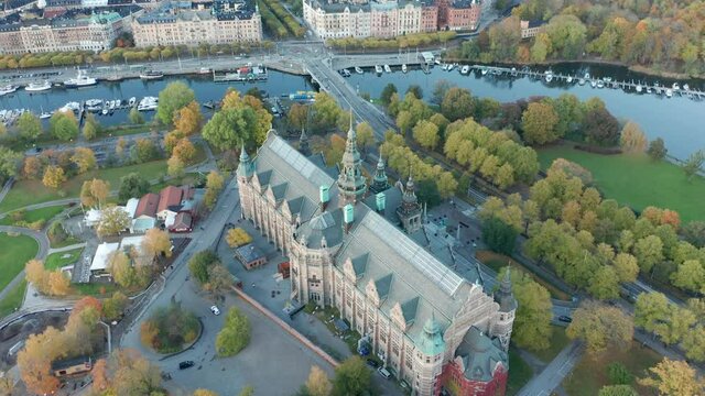Aerial drone shot footage of Nordiska Museet in Stockholm.