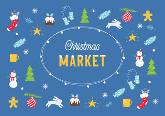 Christmas Holiday Market or Fair Poster with Festive Lights, Stockings and Trees. Vector Illustration - 395634331