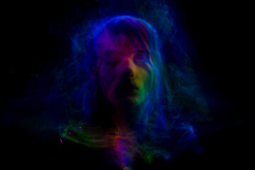 lightpainting portrait, new art direction, long exposure photo , light drawing at long exposure