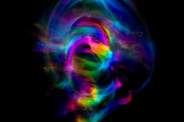 lightpainting portrait, new art direction, long exposure photo , light drawing at long exposure