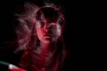 lightpainting portrait, new art direction, long exposure photo , light drawing at long exposure