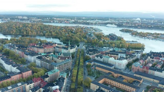 Aerial drone shot flying over the city of Stockholm. Establishing footage.