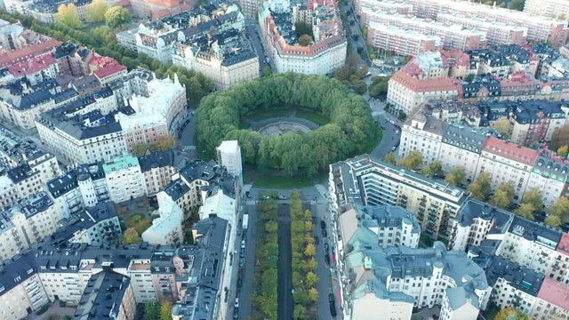 Aerial drone shot flying over Karlaplan in Stockholm.