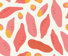 Seamless pattern of batata on a beige background. Hand-drawn sweet potato set. Trendy vegan food background for fabric, paper. Suitable for illustrating healthy eating, recipes, local farm.