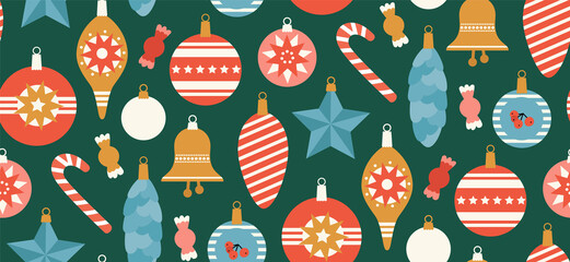 Seamless pattern of Christmas Tree Decorations and candies on a green background. Sustainable for postcards, wrapping paper, invitations. Christmas and Happy New Year illustration.