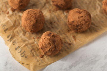 Healthy vegan chocolate truffles candy dessert, useful sweets,top view