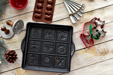 Festive Christmas season kitchen utensils and baking supplies for baking traditional and tasty gifts and treats for family 