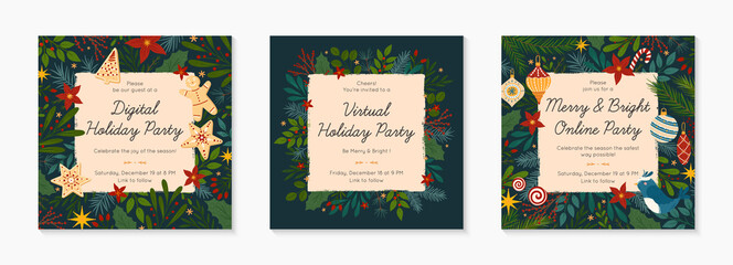 Bundle of Christmas and Happy New Year online party invitation templates during covid 19.Modern vector layouts with traditional holiday symbols.Xmas trendy designs for banners,prints,social media
