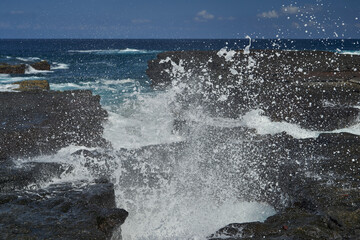 waves crushing over lava rocks on the shoreline of the galapagos islands, causing white and wild spray of sea water, Ecuador, South america 