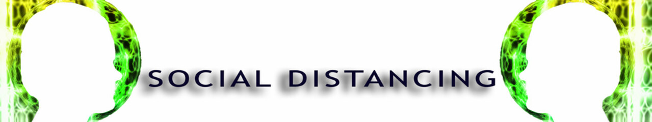 Silhouette of a human head on an abstract background. In a bubble. Inscription social distance. Face mask.	