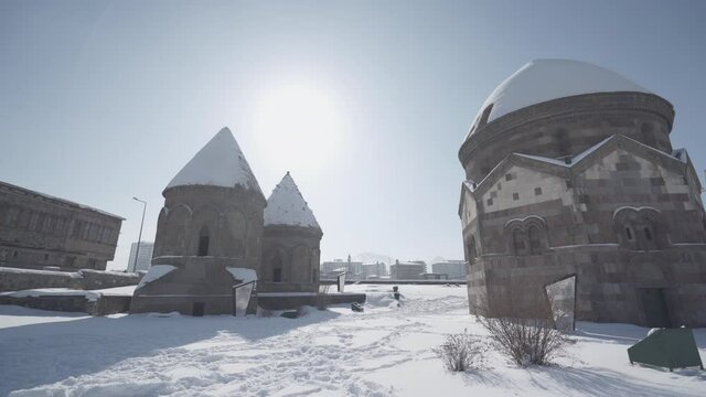 Ancient mausoleum of " Uc Kumbetler " in Erzurum. Snowy Season.